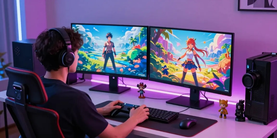 Engaging player playing hentai games in a vibrant gaming setup with dual monitors and accessories.