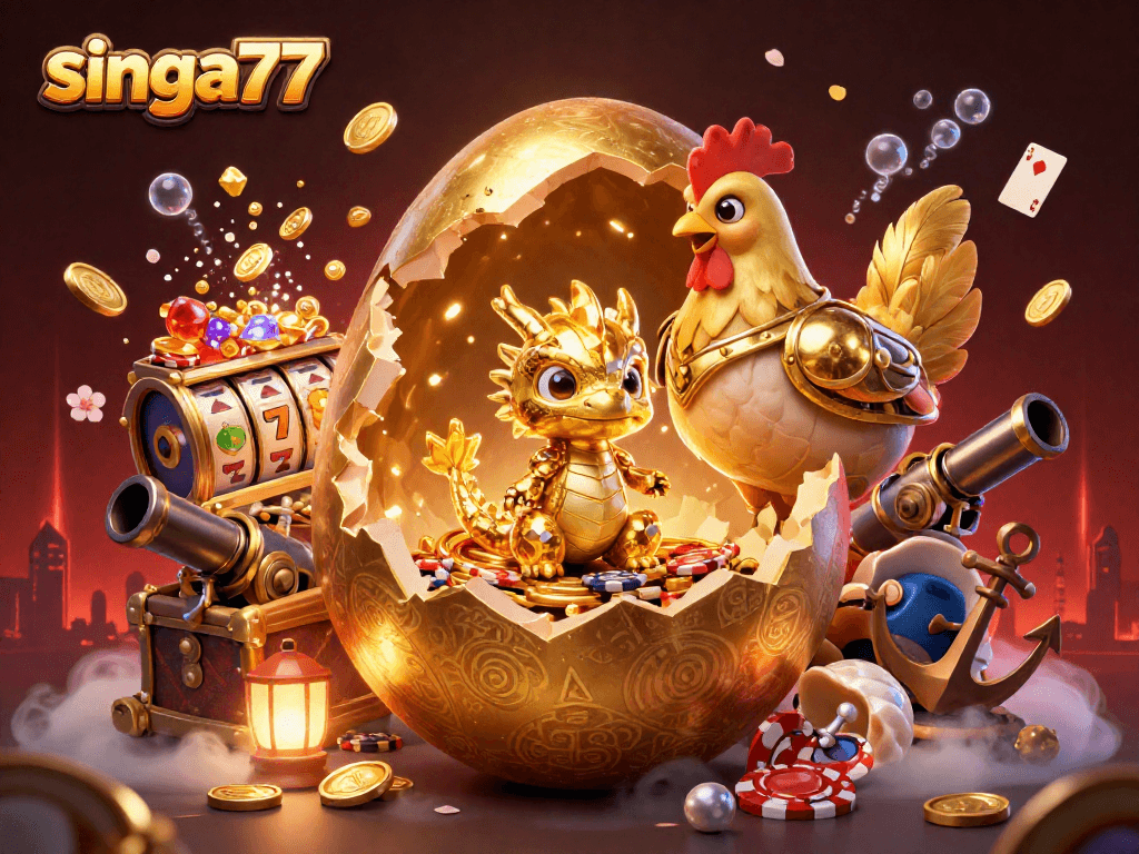 Experience thrilling gameplay at singa77 with a golden dragon amidst vibrant casino elements.