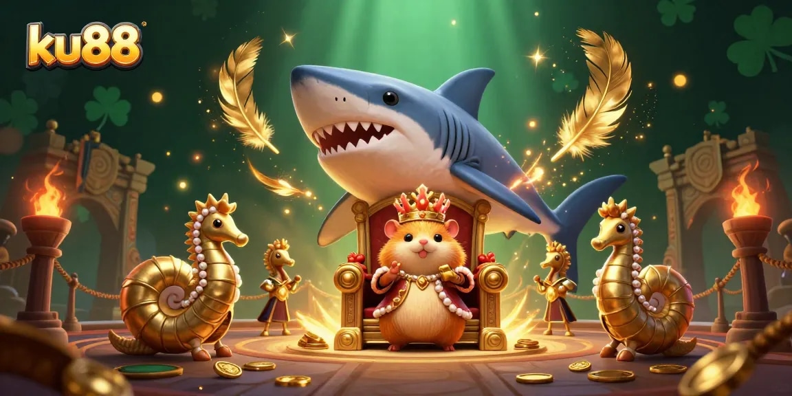 Engage in thrilling gameplay at ku88 with an illustration of a golden hamster king and seahorse guards amidst vibrant casino action.