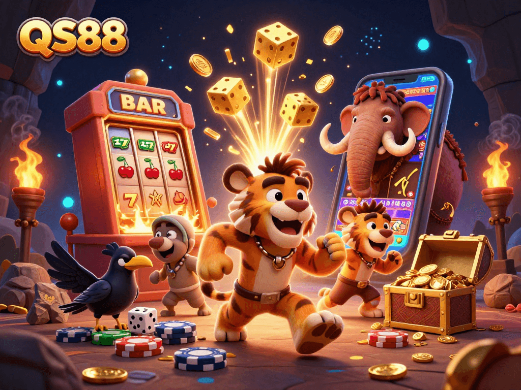Enjoy thrilling gaming action at QS88 with a vibrant prehistoric casino scene