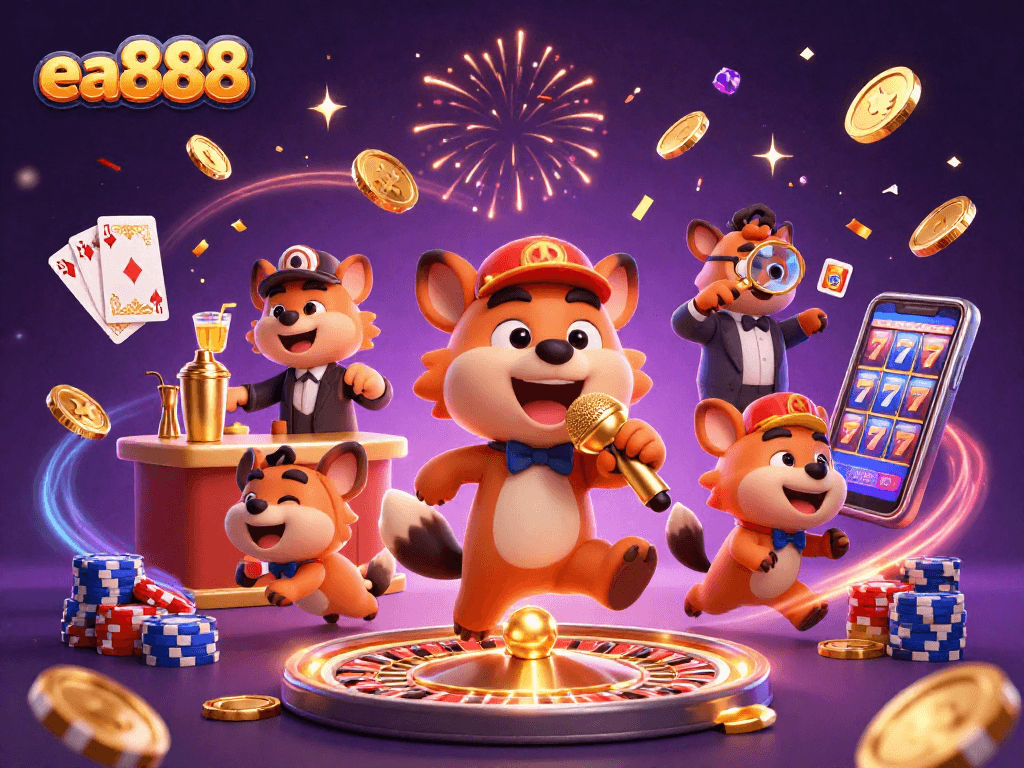 Experience the vibrant energy of ea888 casino with hyenas bringing laughter and excitement in a colorful gaming scene.