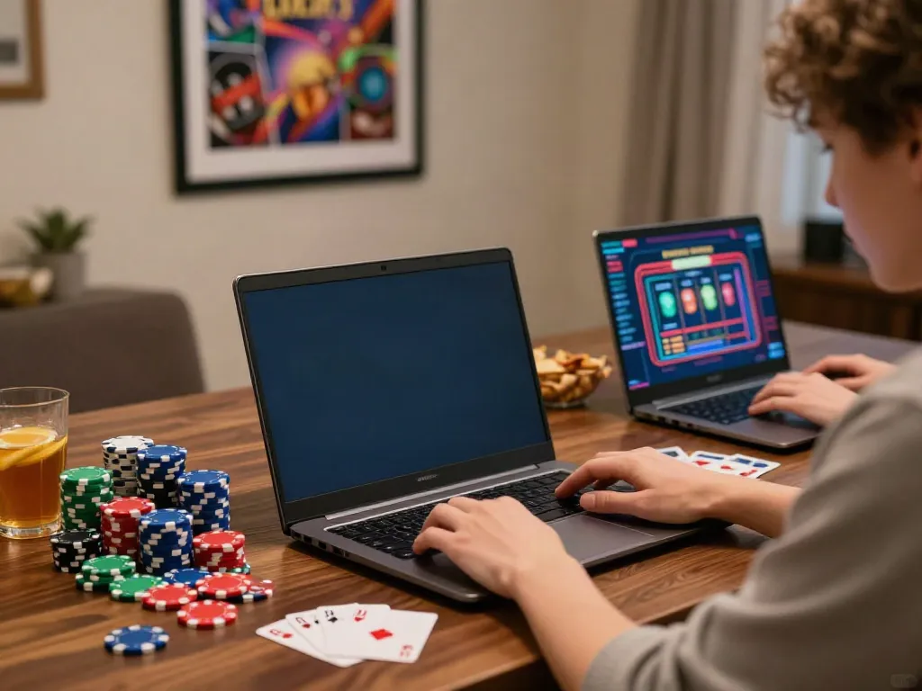 Engaging scene of the best non gamstop casino gameplay experience at home with vibrant graphics and gaming materials.