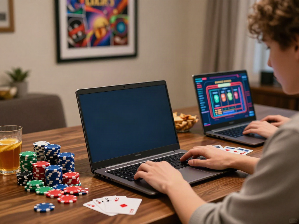 Engaging scene of the best non gamstop casino gameplay experience at home with vibrant graphics and gaming materials.