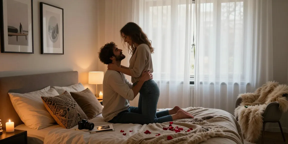 A couple enjoying playful intimacy in a cozy bedroom setting, showcasing modern romance and sex ai elements.