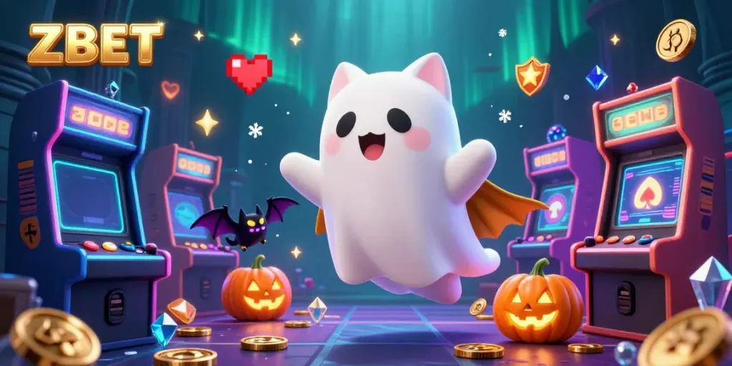 ZBET casino illustration featuring a friendly ghost cat, a vampire bat, and glowing jack-o-lanterns in a vibrant casino scene.