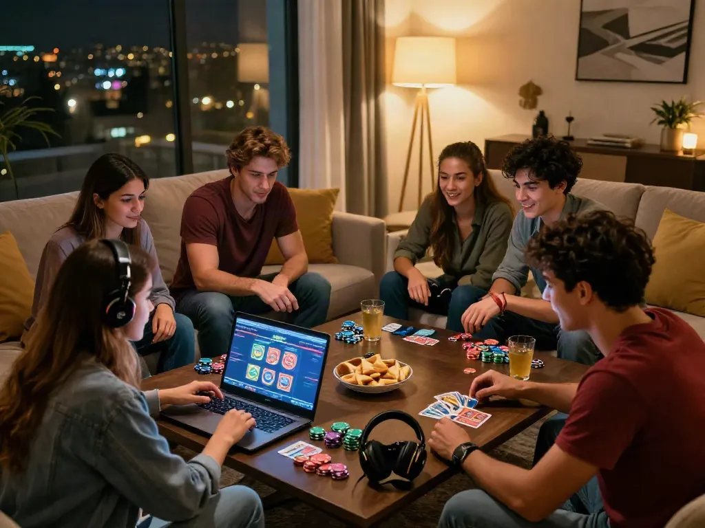 A cozy living room gathering playing games representing the best non gamstop casino experience.