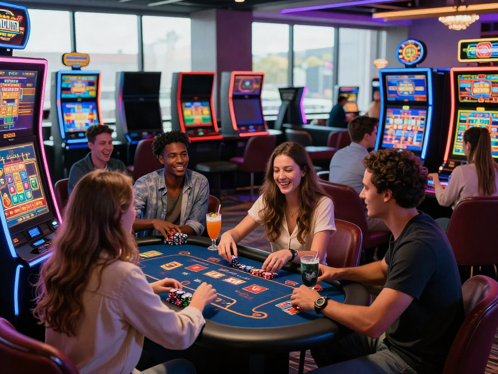 Group enjoying the best non gamstop casino experience in a lively gaming lounge featuring vibrant neon lights and modern gaming.