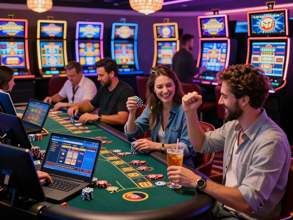 Players enjoying games at the best non GamStop casino online, celebrating wins in a vibrant virtual casino.