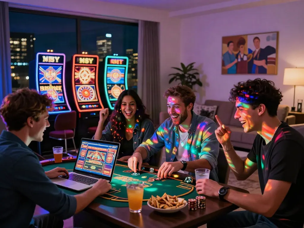 Group of friends playing the best non gamstop casino games at home with drinks and snacks.