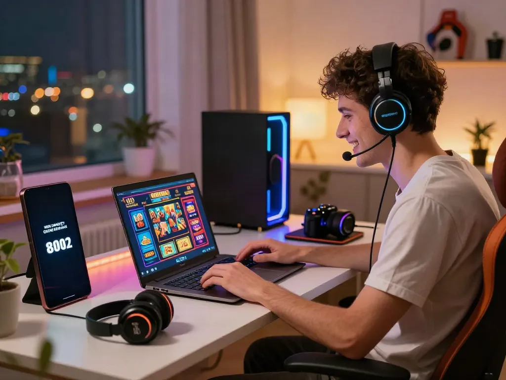 Player enjoying the best non gamstop casino gameplay on a laptop in a vibrant, cozy setting.