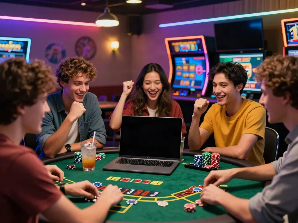 Friends enjoying the best non Gamstop casino experience around a laptop, immersed in online gambling excitement.