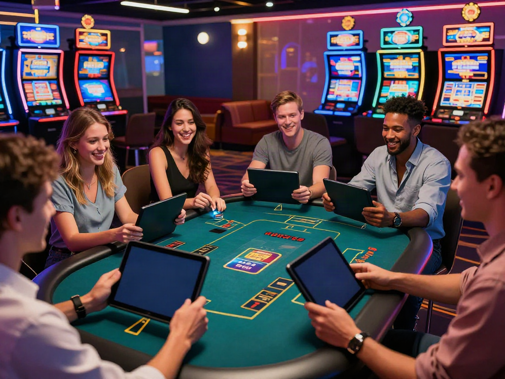 Exciting scene of friends enjoying the best non GamStop casino experience in a vibrant gaming lounge.