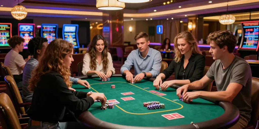 The best non gamstop casino experience with friends playing roulette and poker in a vibrant gaming lounge.