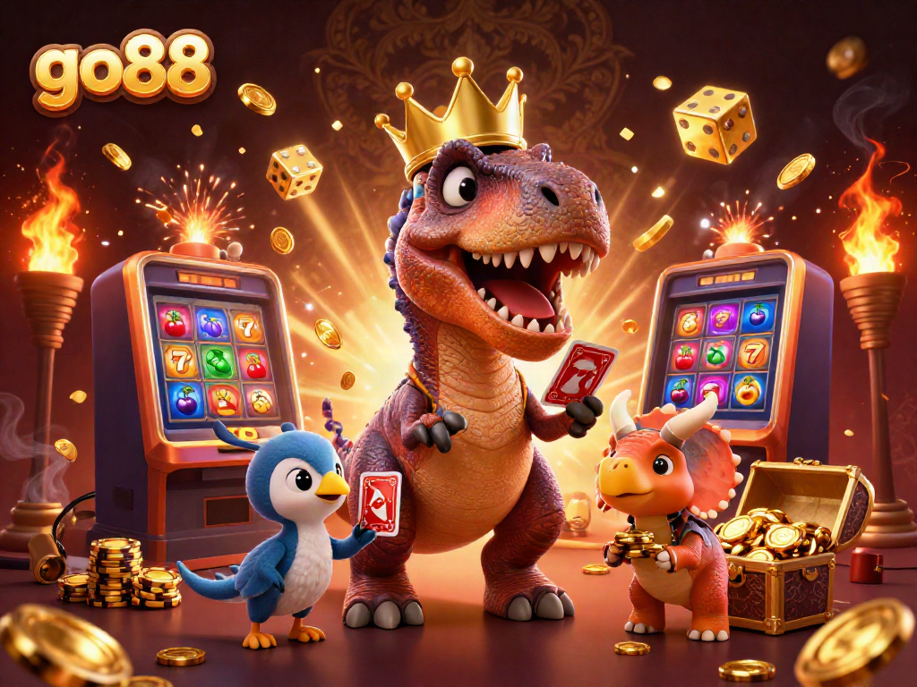 Experience thrilling game play at go88 with a vibrant scene of a T-Rex shuffling cards and vibrant slot graphics.