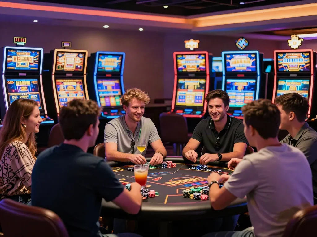 Engaging scene at the best non gamstop casino with players enjoying gaming and cocktails.