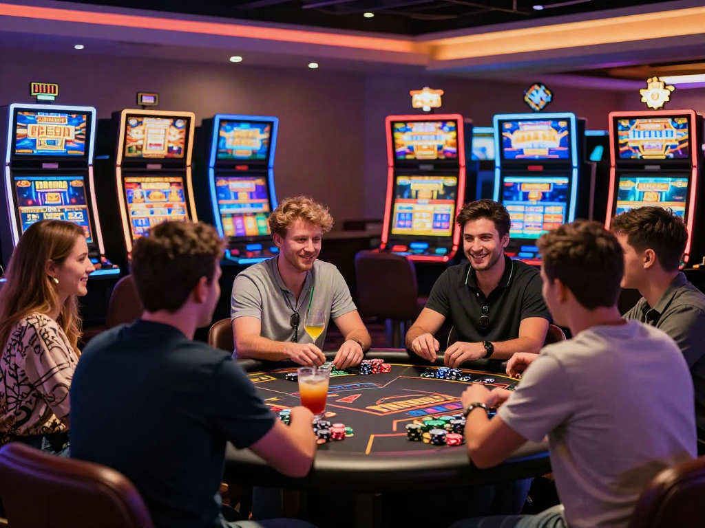 Engaging scene at the best non gamstop casino with players enjoying gaming and cocktails.