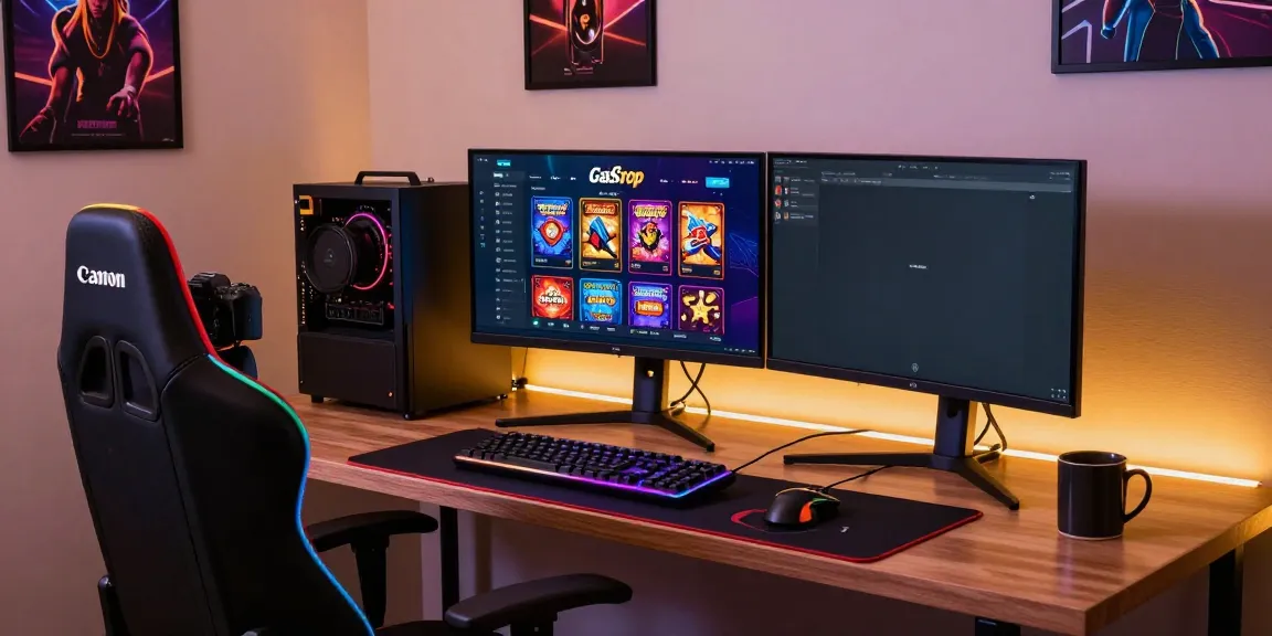 Dynamic gaming workspace showcasing the best non GamStop casino games with vibrant RGB lighting and dual monitors.