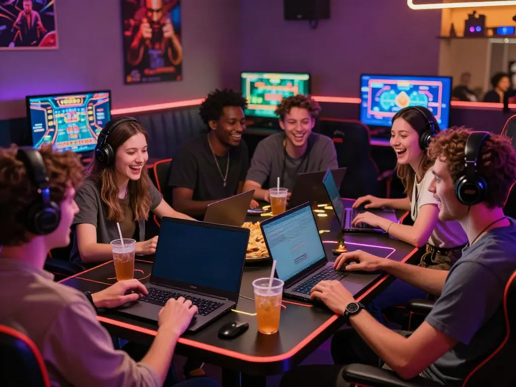 Group of friends enjoying the best non gamstop casino experience in a vibrant gaming lounge.