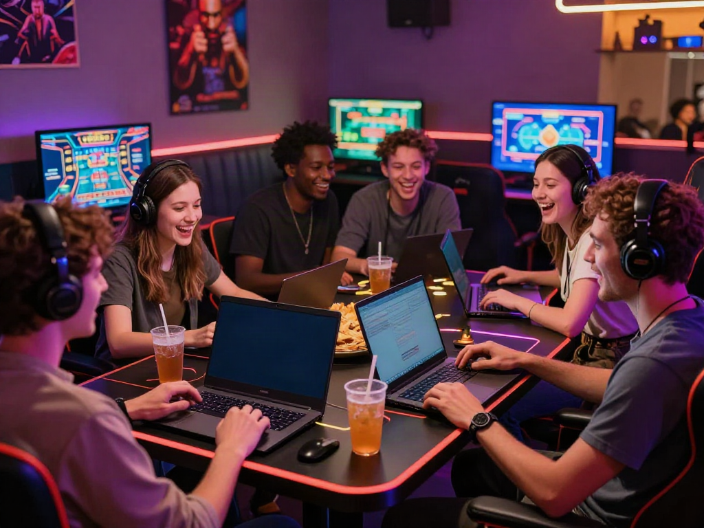 Group of friends enjoying the best non gamstop casino experience in a vibrant gaming lounge.