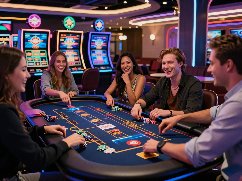 Group enjoying the best non GamStop casino games in a vibrant setting.