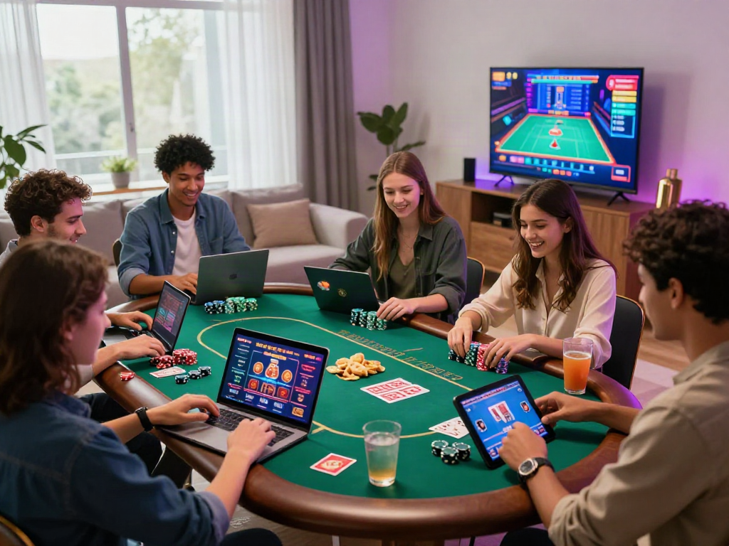 Friends enjoying games at the best non GamStop casino in a lively home setting, showcasing engagement and excitement.