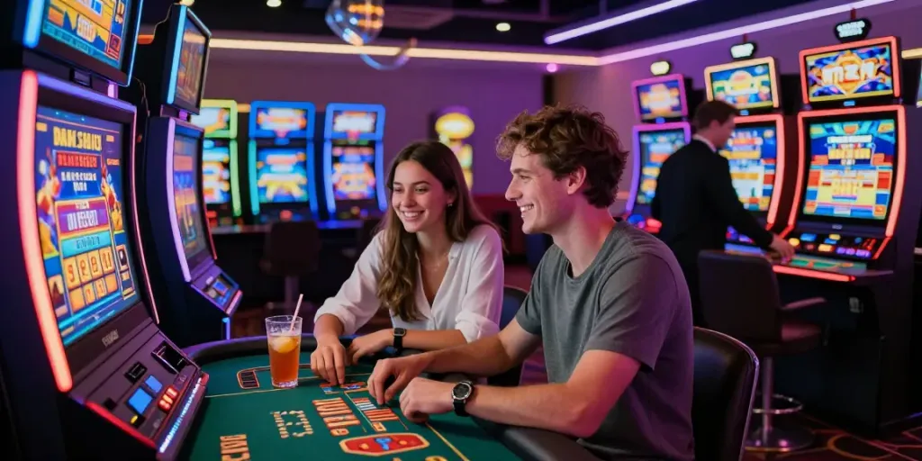 Couple enjoying interactive gaming at the best non gamstop casino with vibrant atmosphere and colorful slot machines.