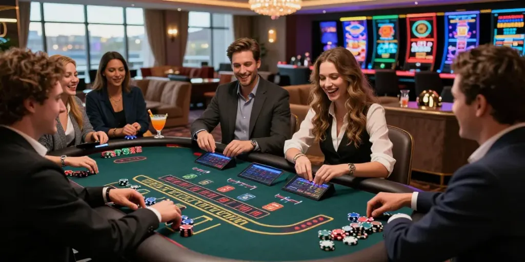 Experience the excitement of the best non gamstop casino with players celebrating in a vibrant lounge atmosphere.