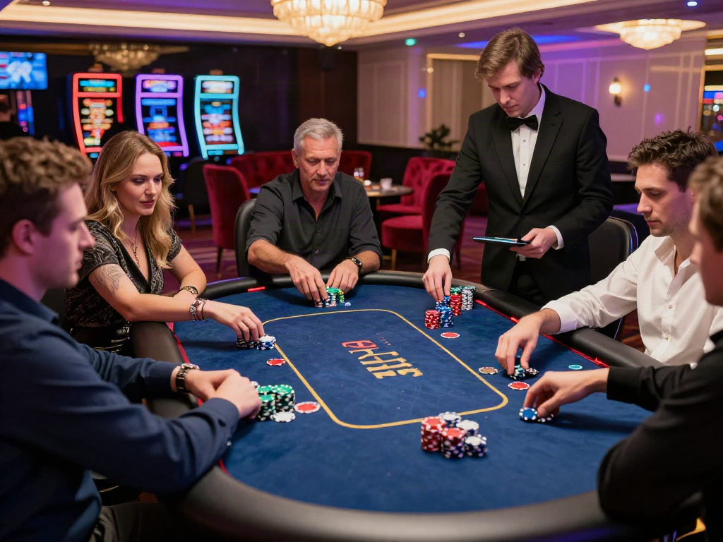 Exciting atmosphere of the best non Gamstop casino with players at a poker table.