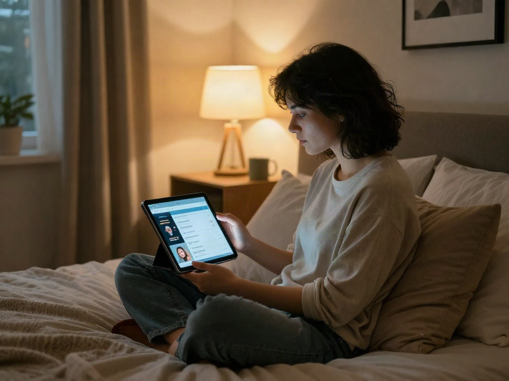 Engaging with a sex AI on a tablet in a cozy bedroom setting.