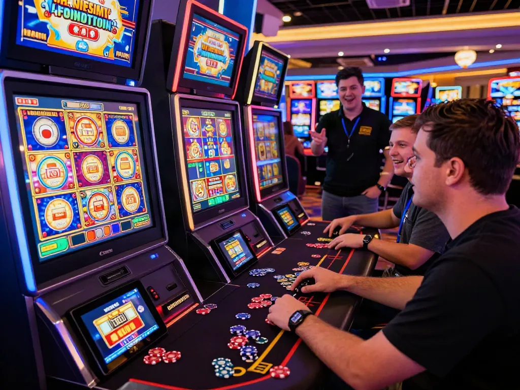 Excited player in a modern casino enjoying the best non GamStop casino experience surrounded by colorful slot games.