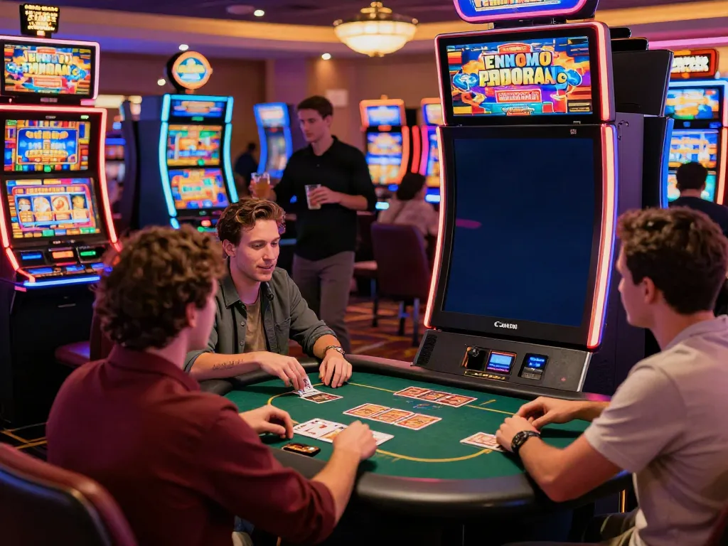 Best non gamstop casino gaming scene with friends enjoying lively slot machines and card games.