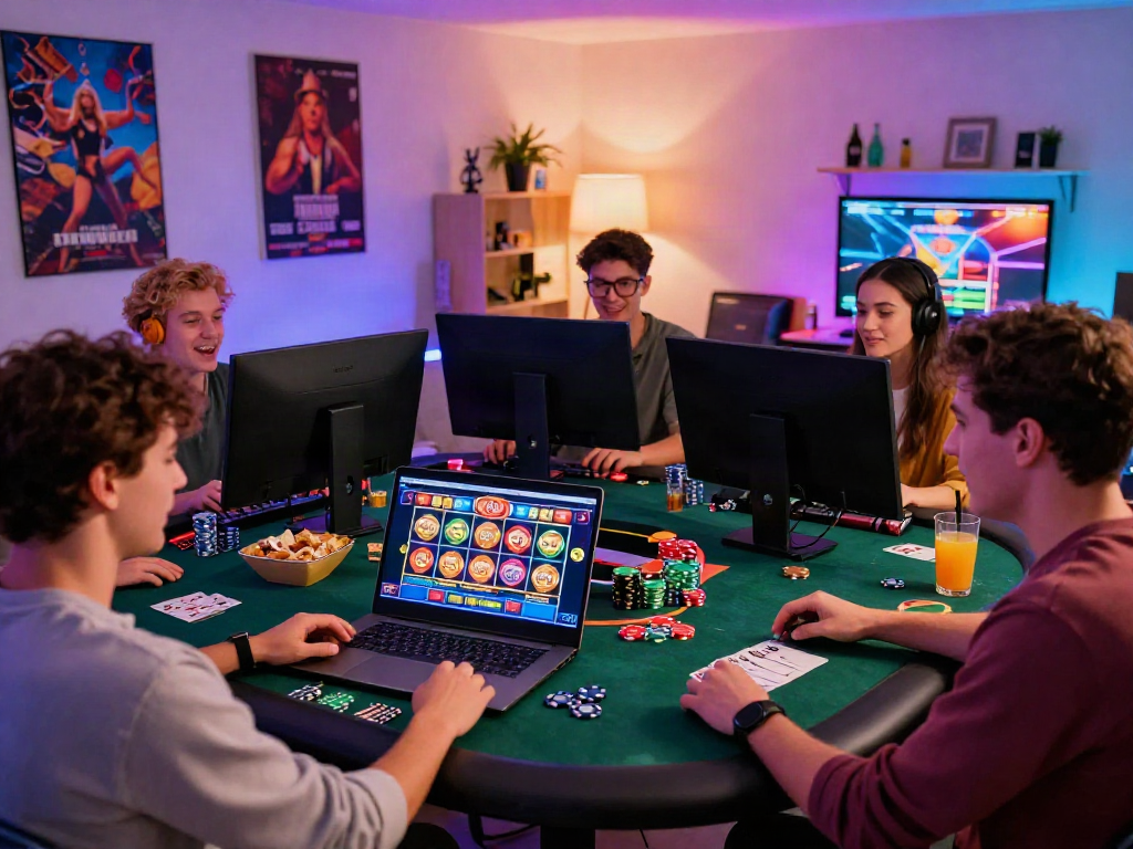Exciting scene of players enjoying the best non gamstop casino games in a vibrant living room.