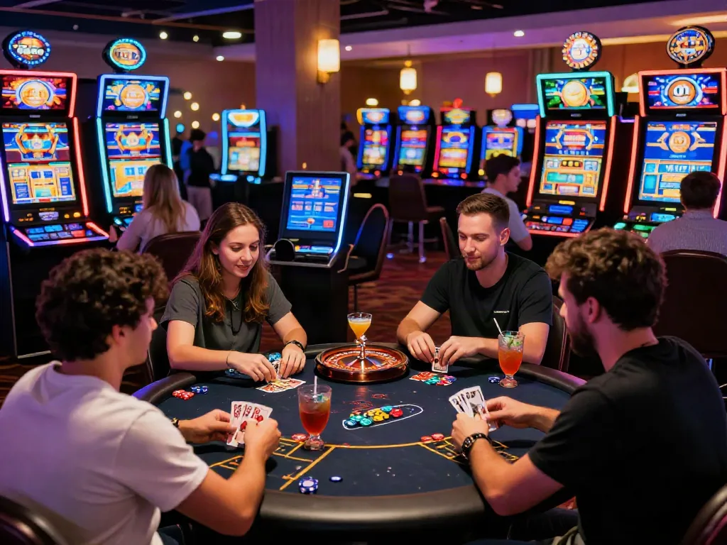 Experience the excitement at the best non GamStop casino, vibrant gaming scene with players and colorful lights.