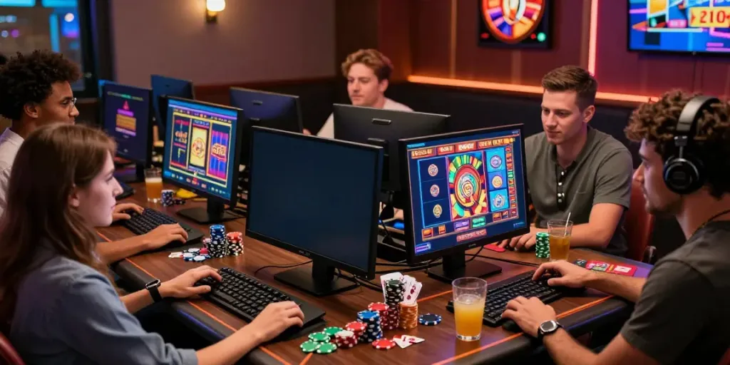 The best non gamstop casino scene with friends enjoying an online game, showing excitement and fun.