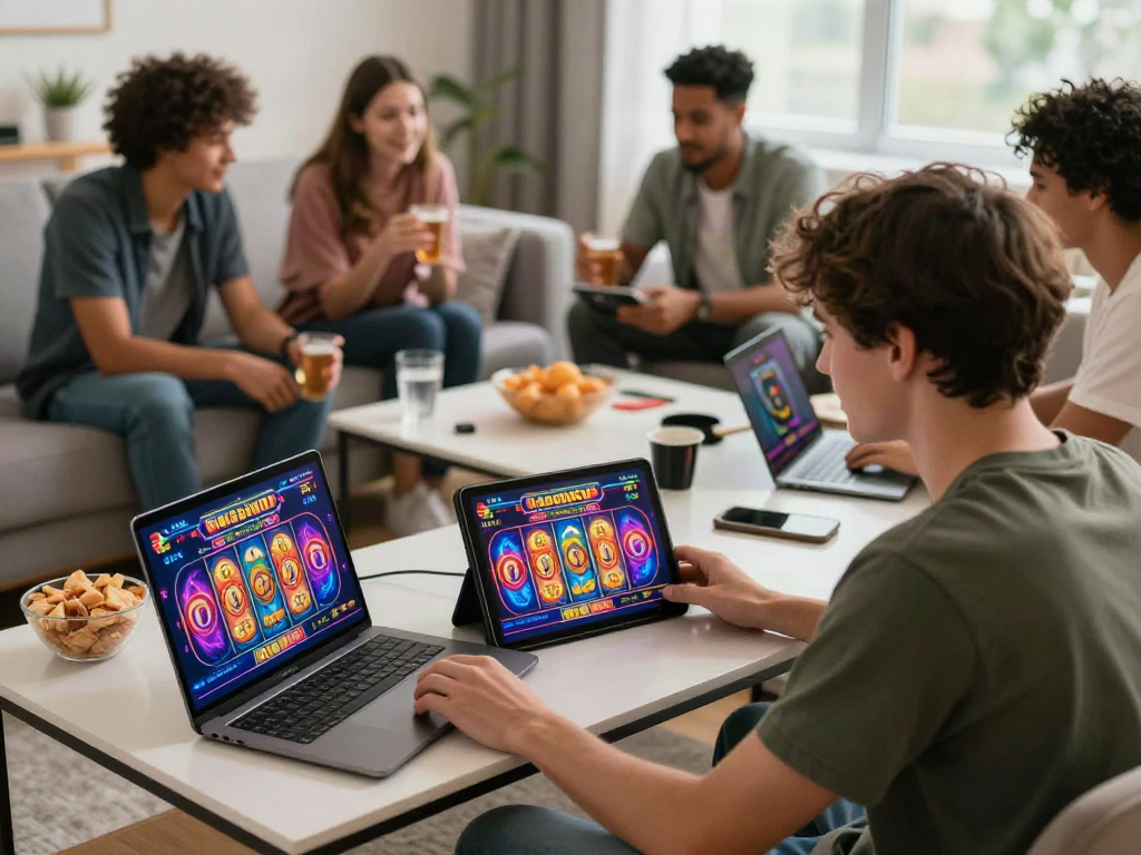 Players enjoying the best non GamStop casino games in a lively living room.