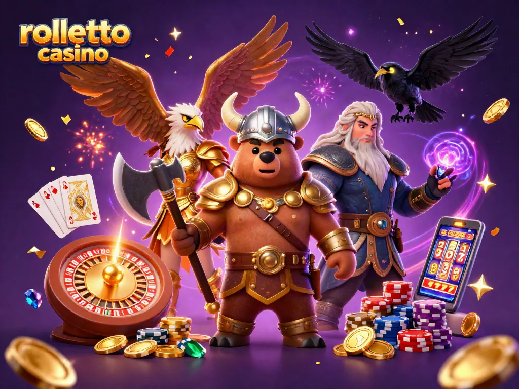 Experience rolletto casino excitement with Viking and Valkyrie amidst golden coins and game elements.