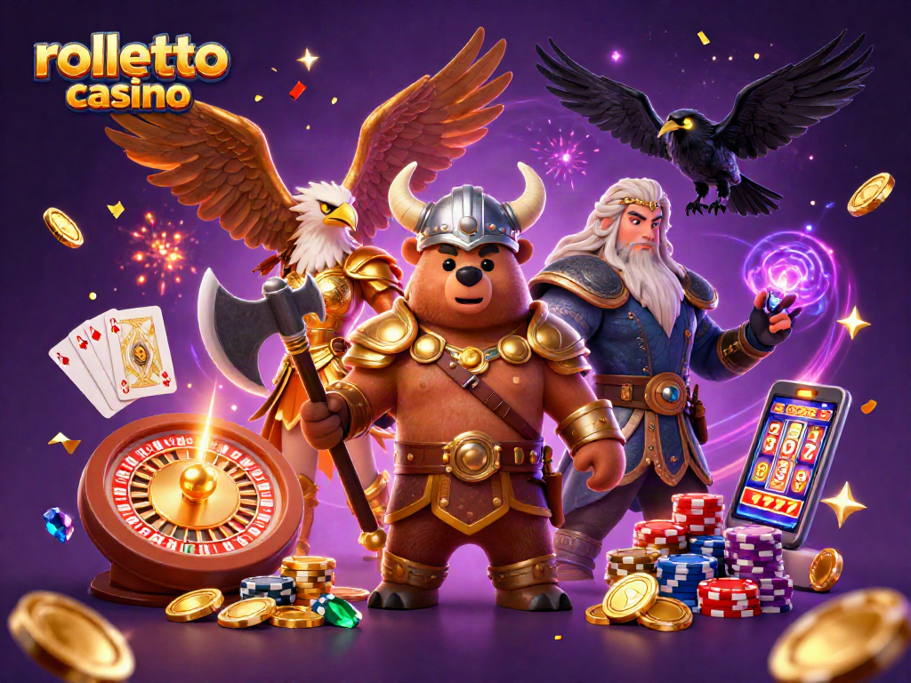 Experience rolletto casino excitement with Viking and Valkyrie amidst golden coins and game elements.