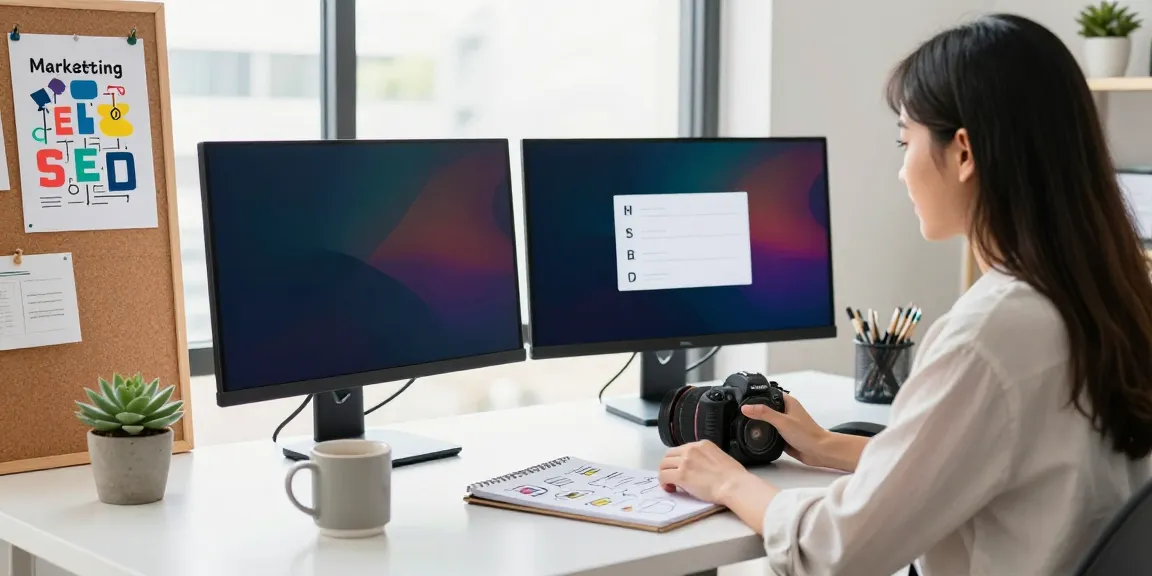 Young woman utilizing instant indexing tools in a modern digital marketing workspace