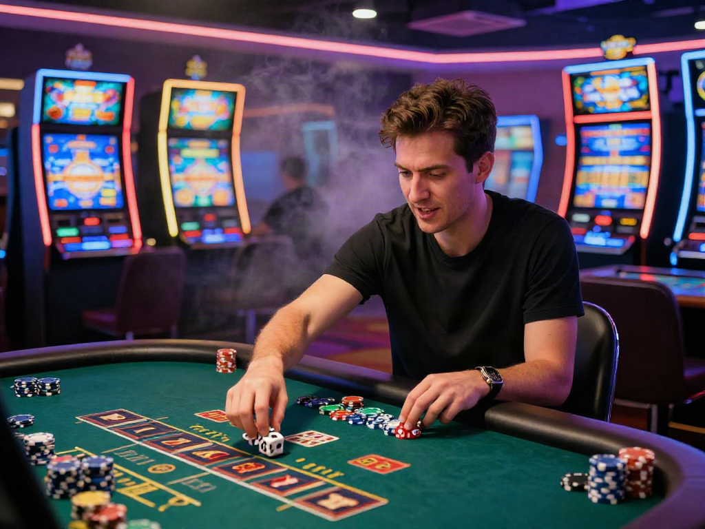 The best non gamstop casino experience with an excited player at a gaming table surrounded by vibrant slot machines and neon lights.