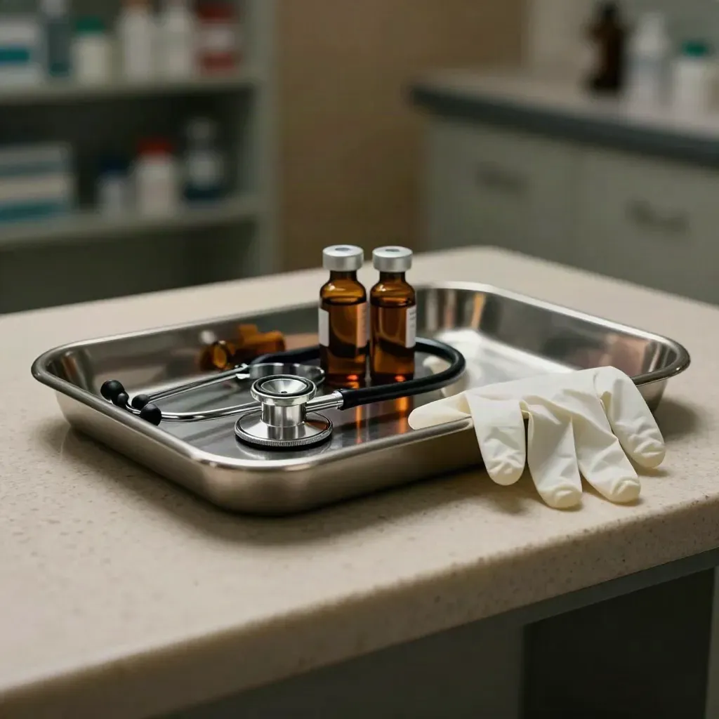 Stainless medical tray with stethoscope head, sample vials and folded gloves on travertine.