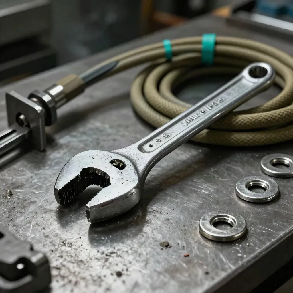 Torque wrench, stamped steel parts and a coiled cable harness on a brushed metal bench.