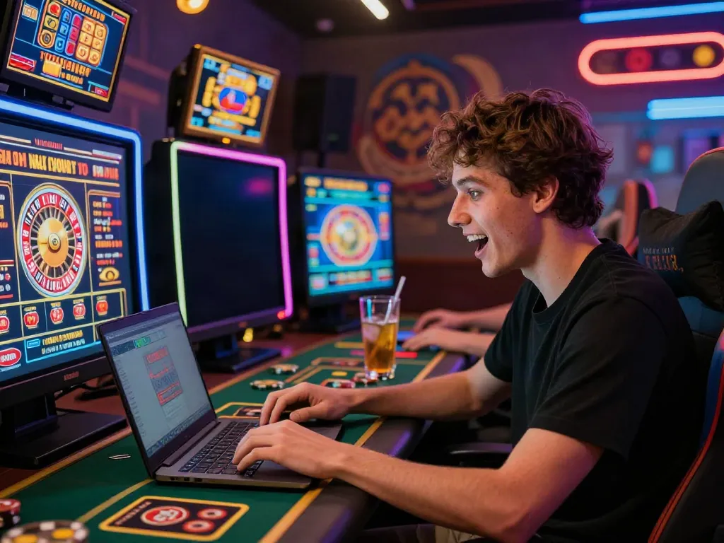 The best non gamstop casino experience with an excited player engaging in online gameplay amidst vibrant graphics and cozy lighting.