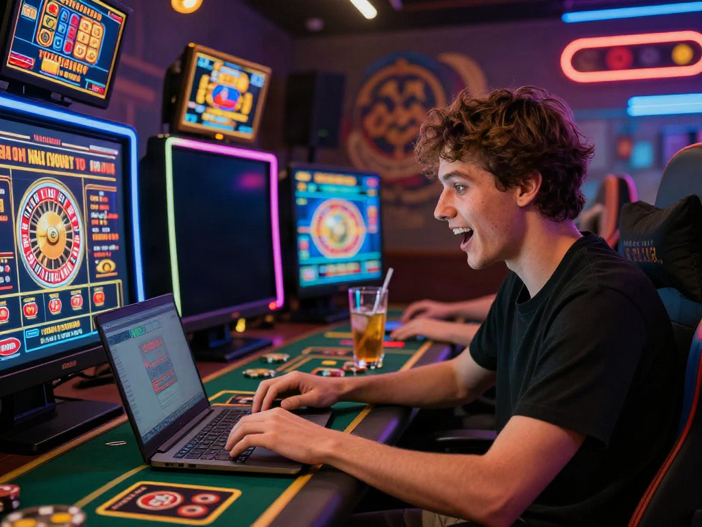 The best non gamstop casino experience with an excited player engaging in online gameplay amidst vibrant graphics and cozy lighting.