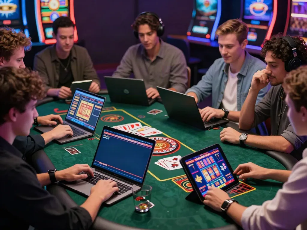 Friends enjoying online games at the best non Gamstop casino, creating a fun atmosphere with vibrant lighting.