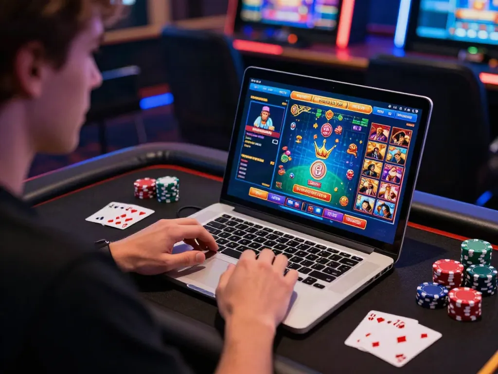 Engaging scene of a person playing at the best non gamstop casino online, surrounded by gaming accessories.