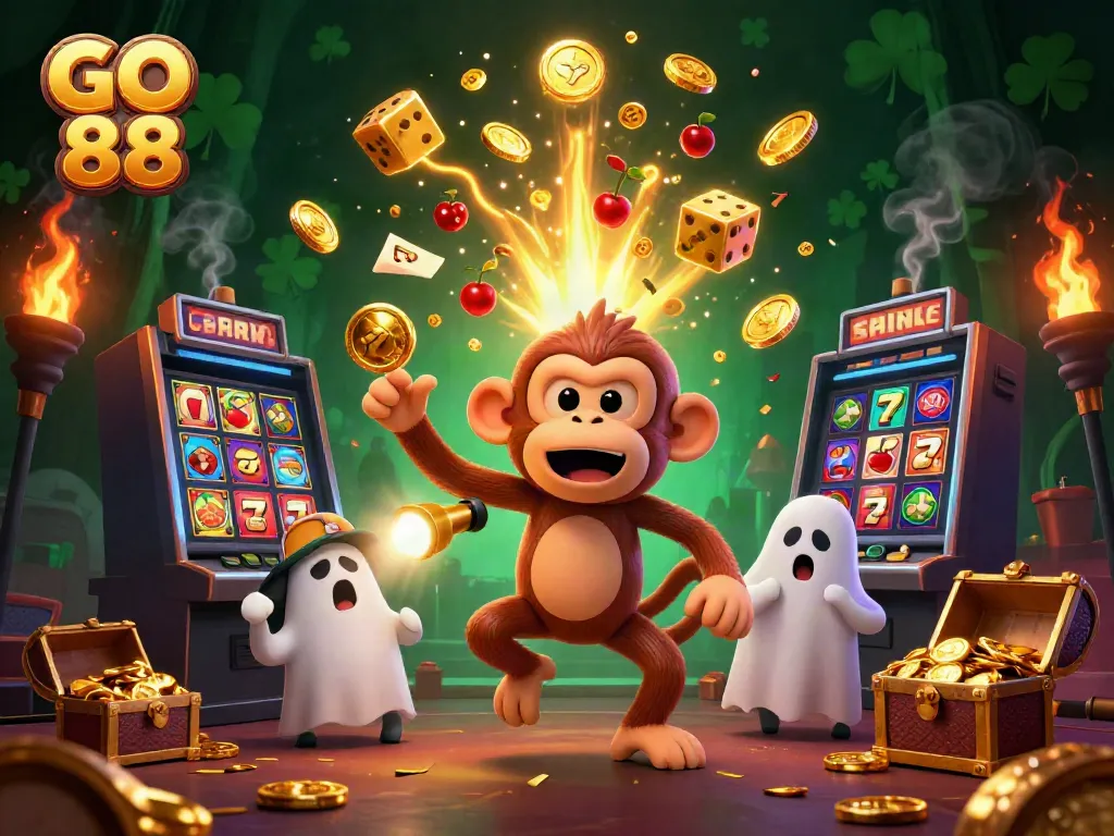 Engage with GO 88's vibrant casino scene featuring an animated monkey and puppy amidst jackpot festivities.