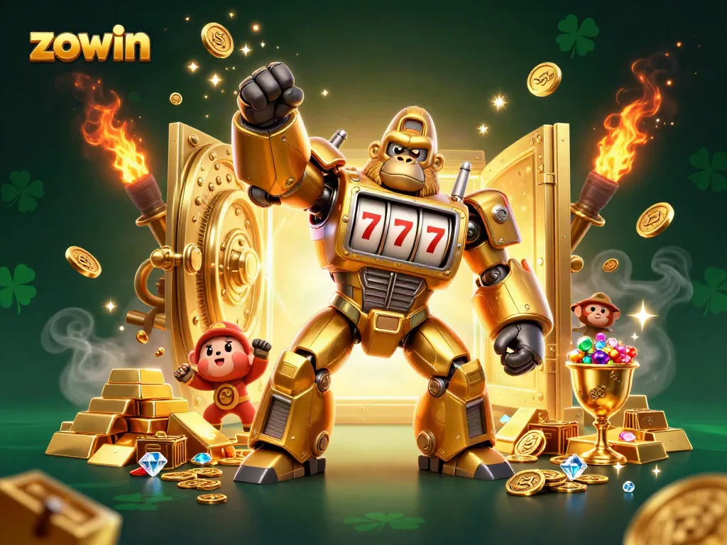 Zowin transforms gaming with a vibrant 3D illustration of a golden gorilla mech and treasure elements.