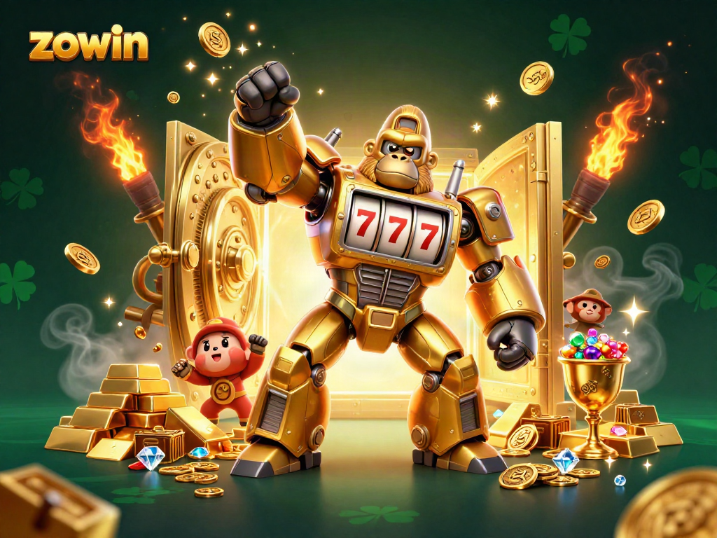 Zowin transforms gaming with a vibrant 3D illustration of a golden gorilla mech and treasure elements.