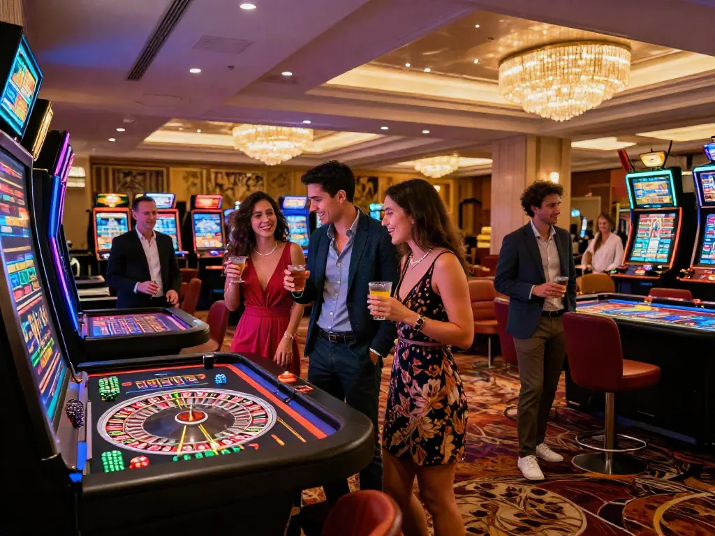 Gathered friends enjoying the best non gamstop casino experience in a vibrant, upscale lobby.