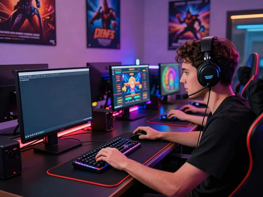 Player immersed in a non Gamstop casino game at a vibrant gaming setup.